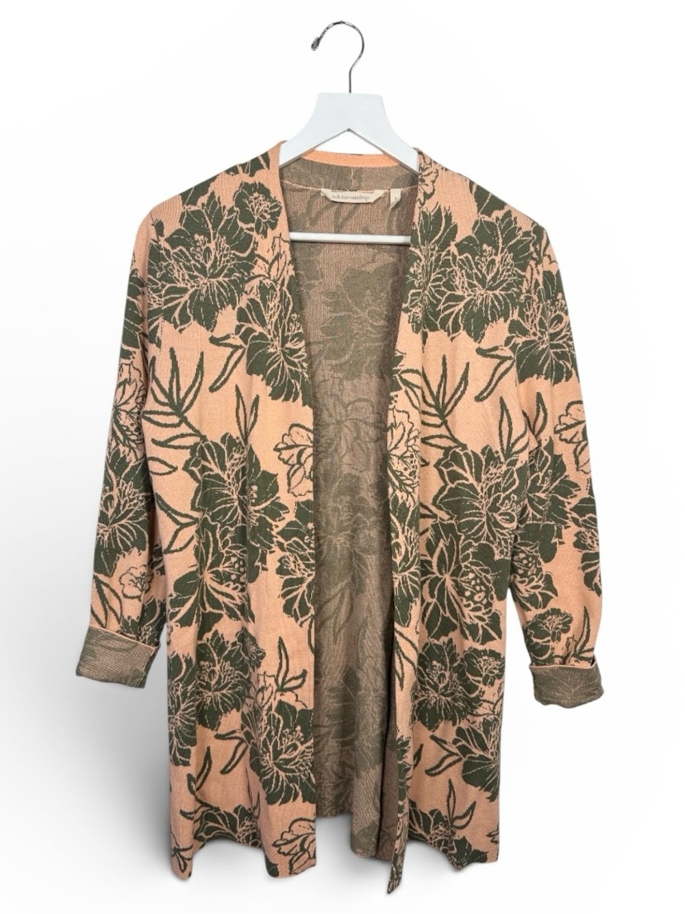 Soft Surroundings Open-Front Floral Sweater Cardigan in Peach / Sage W2405 Sz S